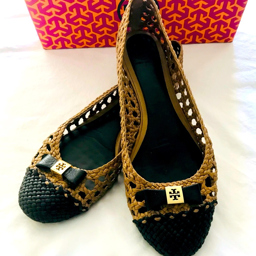 Tory Burch woven brown/black ballet flats with bow